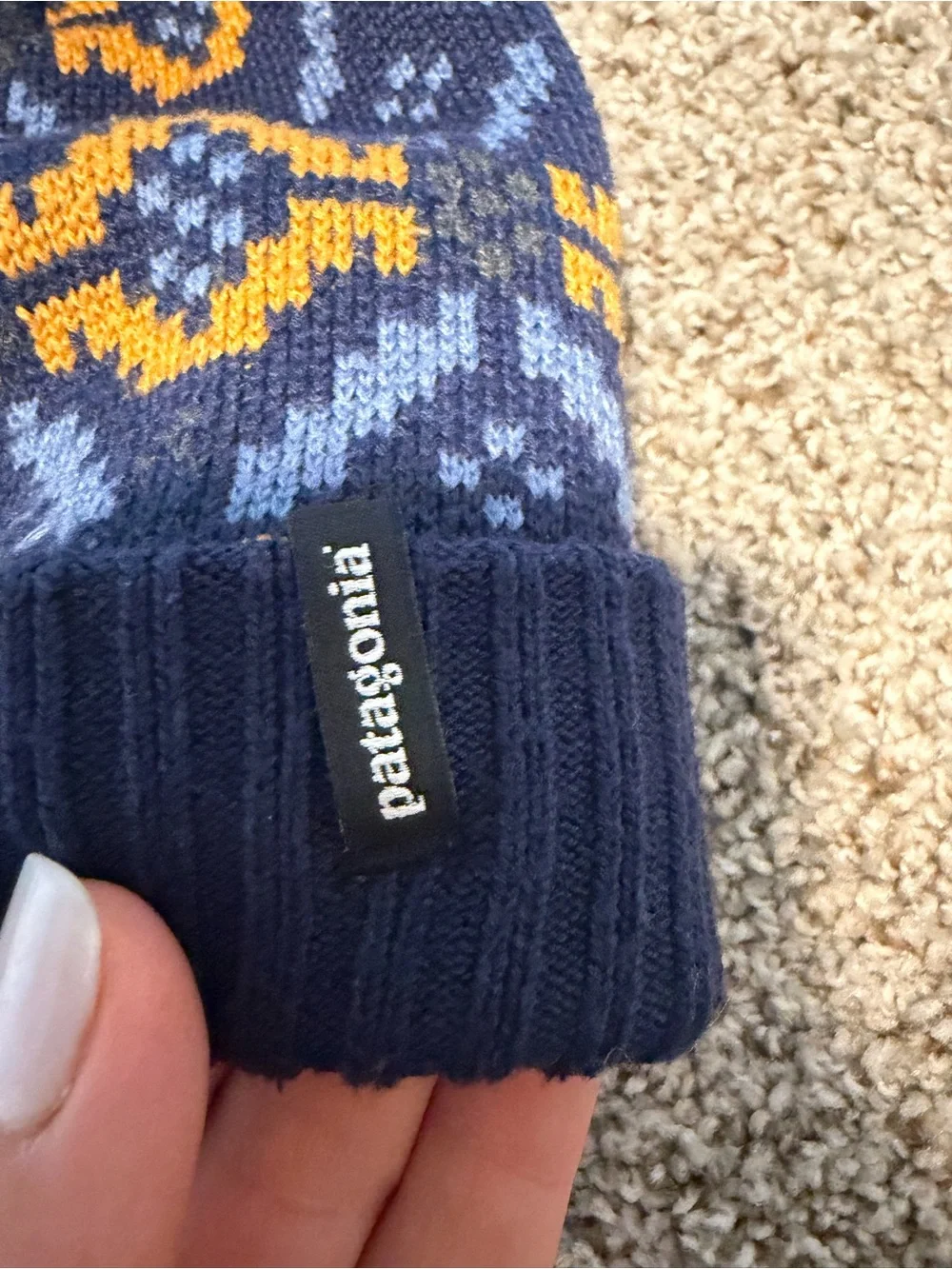 Patagonia Kids Navy Beanie with Yellow and Light Blue Pattern Pom